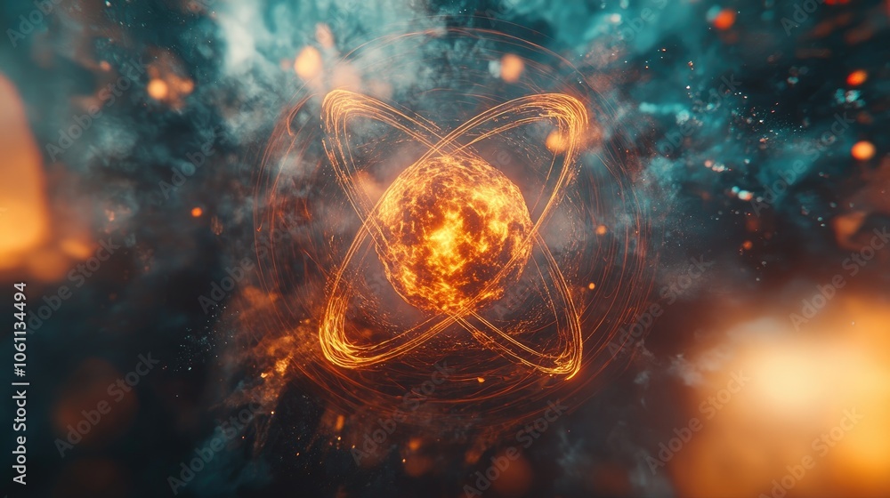 Poster glowing particles around a 3d-rendered atom, symbolizing the mysterious intricacies of atomic scienc