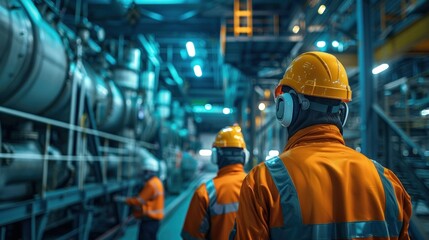 Workers wearing hard hats and safety vests working in an industrialized manufacturing facility filled with various pipes machinery and other equipment