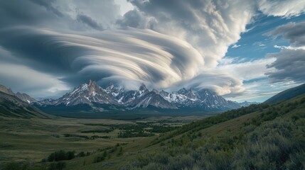 Fototapeta premium Flowing clouds in a time-lapse above mountains, capturing the constant movement and beauty of nature