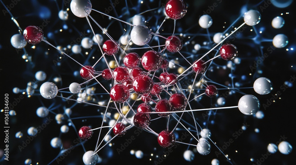 Poster radiant 3d-rendered atom with particles orbiting, highlighting the complexity of atomic science