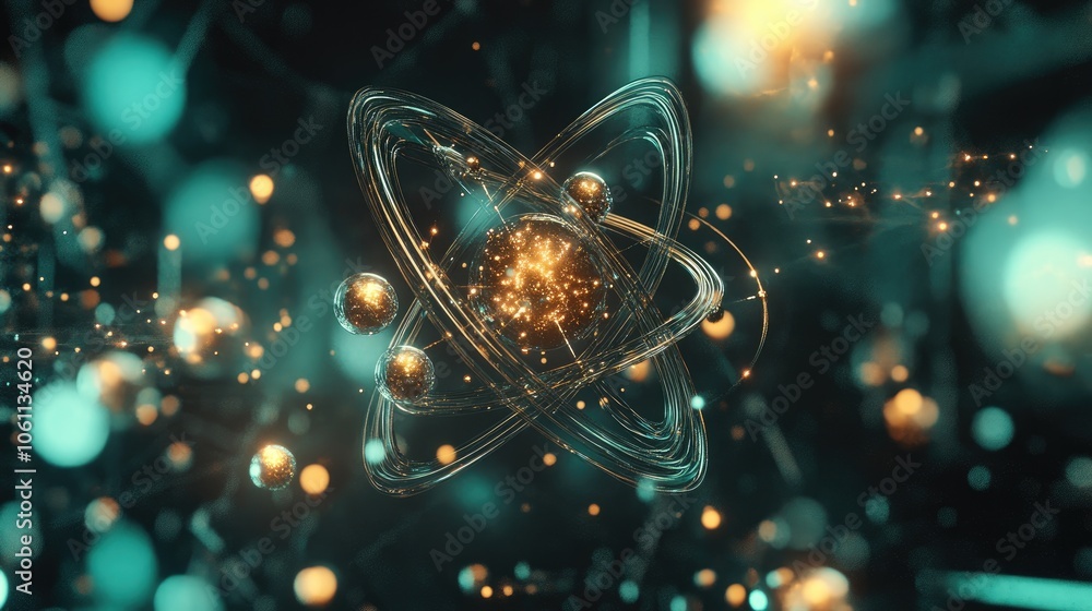 Poster radiant 3d-rendered atom with particles orbiting, highlighting the complexity of atomic science