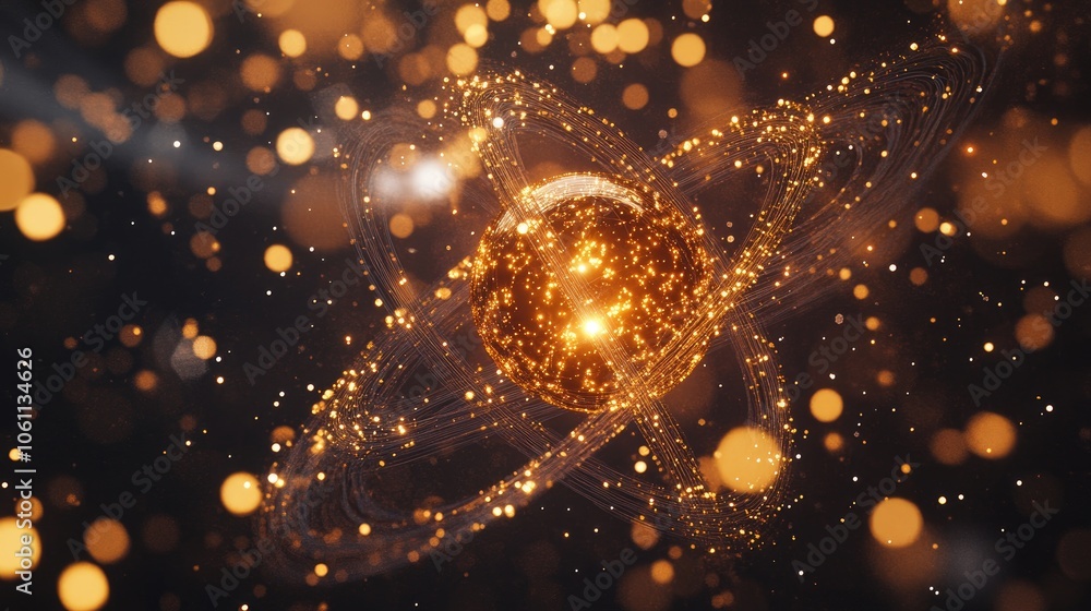 Poster radiant 3d-rendered atom with particles orbiting, highlighting the complexity of atomic science
