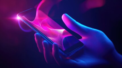 Hand holding a cell phone with a purple screen. The image has a futuristic and colorful vibe