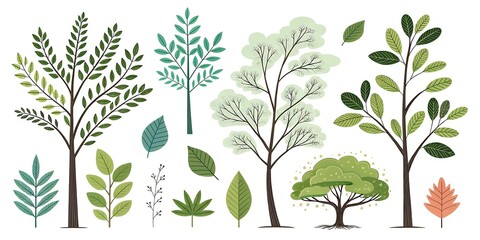 A set of simple drawings of beautiful plants, trees and leaves from nature