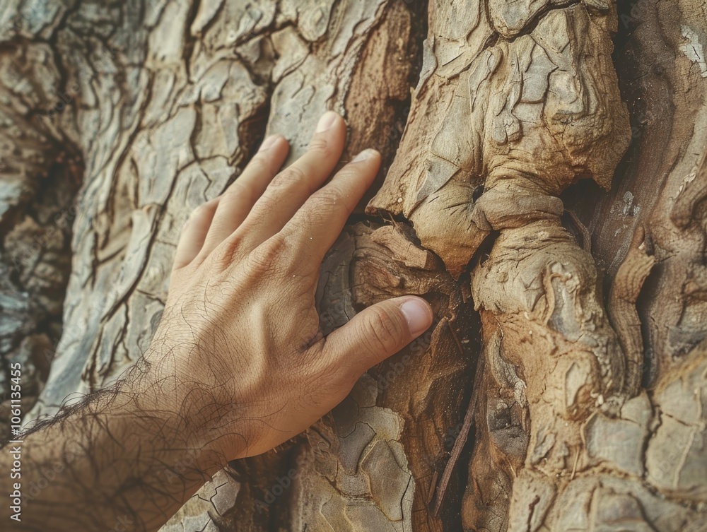 Poster hand is touching a tree trunk. the tree trunk is rough and has a lot of cracks