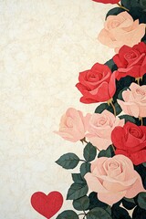 Vintage Valentine’s Day Background with Red Roses and Heart Decorations on Textured White Canvas with Copy Space