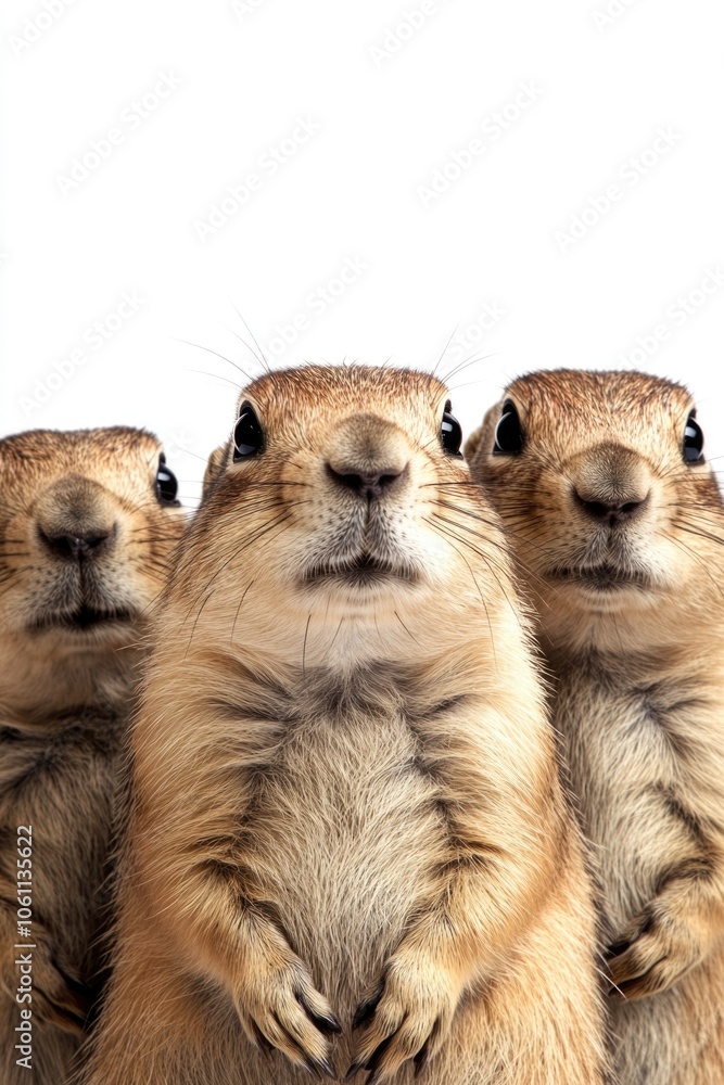Poster three small brown squirrels standing next to each other. the squirrels are looking at the camera