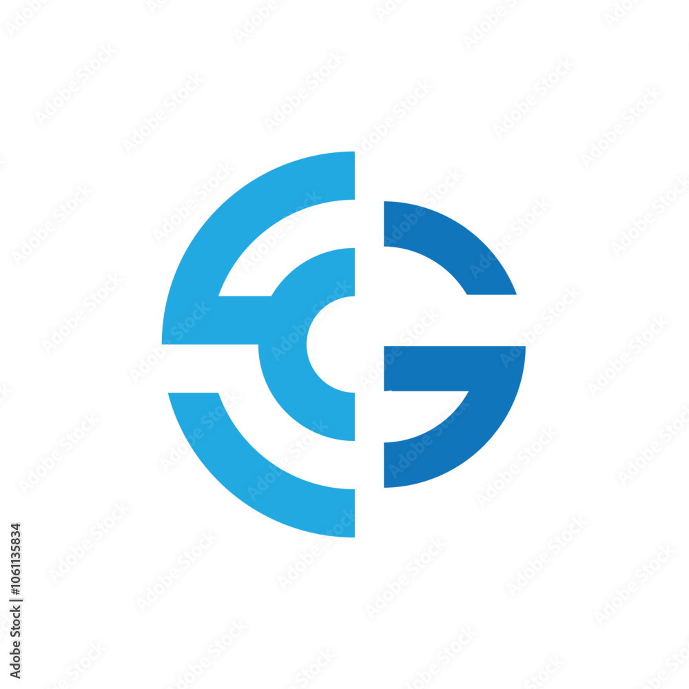 Poster a simple flat initial logo of letter cg or gc in round shape in blue color on a white background tha
