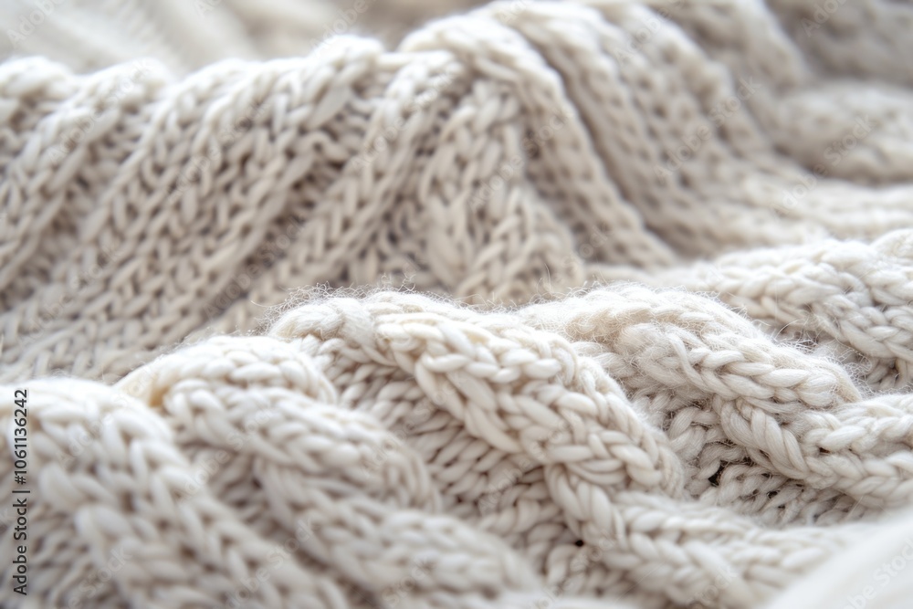 Poster closest view of a hand-knitted blanket, showcasing intricate patterns and soft texture.