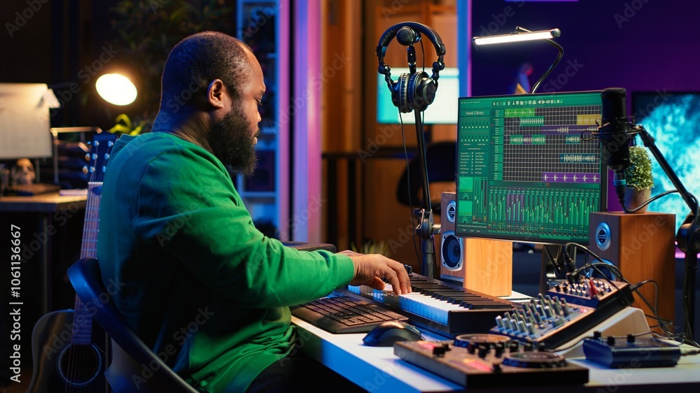 Leinwandbilder Artist playing electronic piano keyboard notes and recording audio files to use mix and master techniques, editing recordings to edit sound effects. Musician operating on synthesizer gear. Camera A.