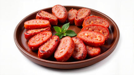 Sliced Turkish sucuk sausage on brown plate with mint