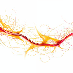 Colorful abstract swirl of orange and red lines with flowing tendrils set against a light background