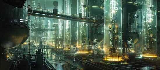 Futuristic cityscape with illuminated skyscrapers neon lights and advanced transportation infrastructure at night  Impressive modern urban landscape with technological advancements