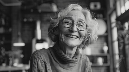 Fototapeta premium Smiling older woman in glasses enjoying time at outdoor cafe.