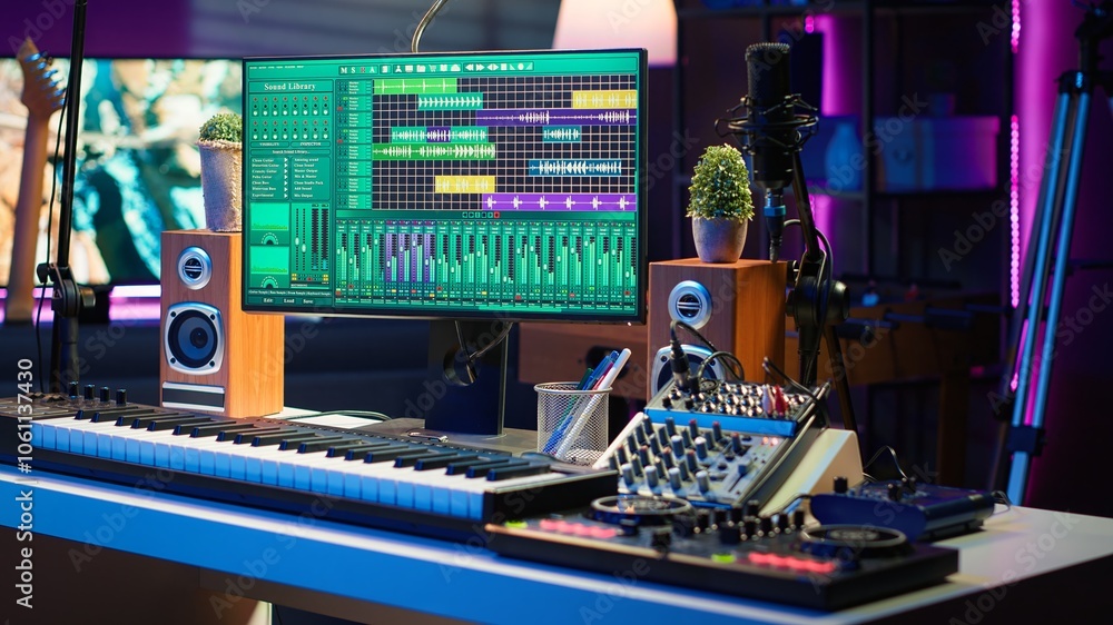 Poster Empty home studio desk with DAW software and mixing console used for mixing and mastering tracks, post production. Professional sound recording devices and modern gear, music industry.