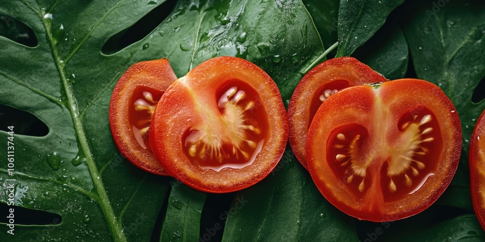 Poster close up of a tomato slice with the stem still attached. the tomato is red and has a heart shape