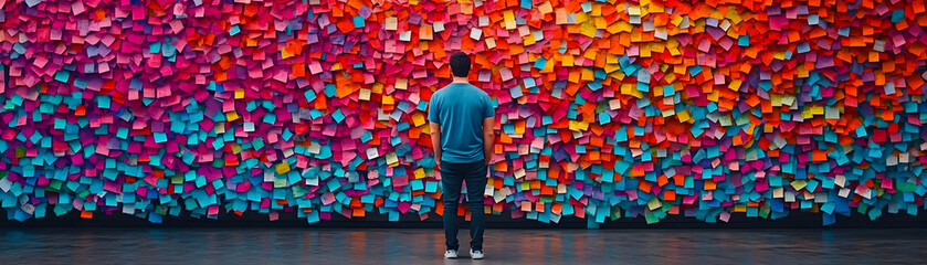 Man Standing Before Wall of Colorful Sticky Notes, post it notes, bright, vibrant, person, looking