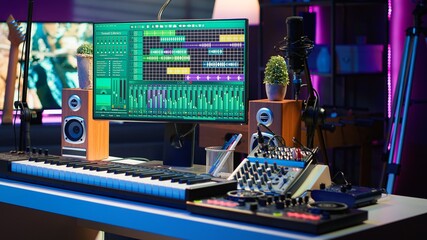 Empty home studio desk with DAW software and mixing console used for mixing and mastering tracks, post production. Professional sound recording devices and modern gear, music industry.