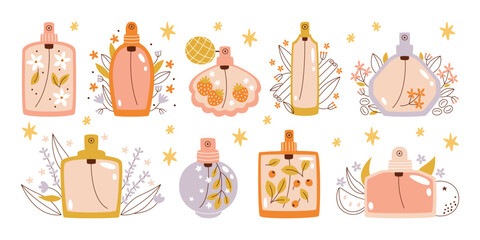 Set of female aroma perfumes glass bottles with different natural herbal and fruit ingredients