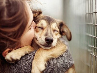 A woman giving a loving embrace to her pet dog, reflecting a bond between human and animal.