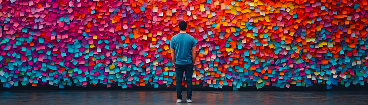 Man Standing Before Wall of Colorful Sticky Notes, post it notes, bright, vibrant, person, looking