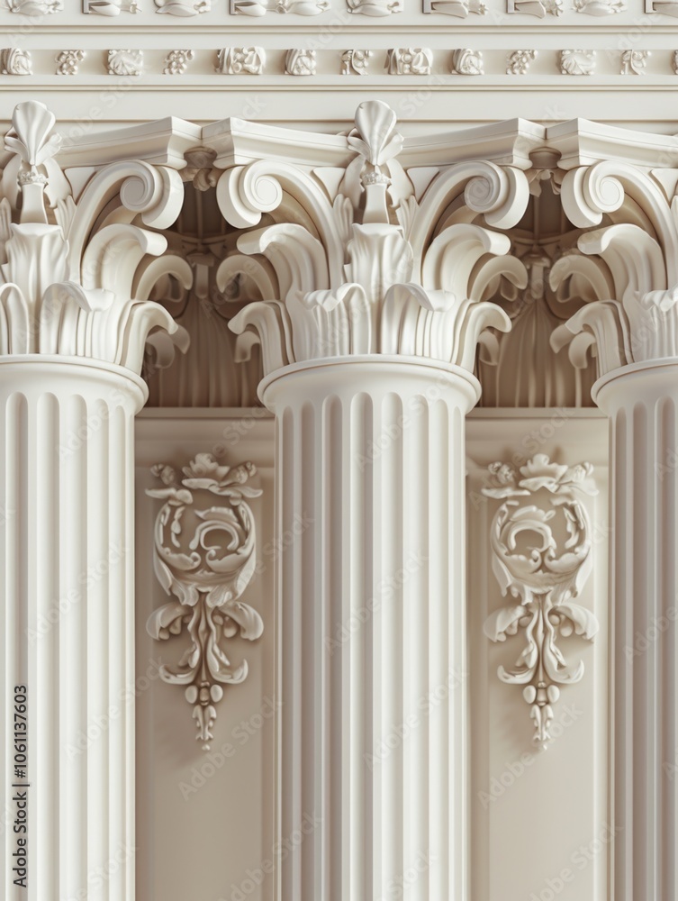 Poster white building with columns and a large archway. the columns are decorated with intricate designs, a