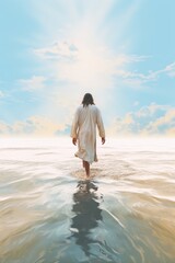 Man in white robe walks on water towards light.