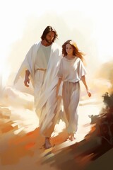 Jesus walks with a woman in a desert landscape.