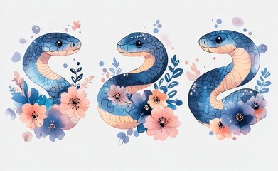 Obraz premium Snakes nestled happily among lush tropical foliage in a jungle setting in a colourful cartoon
