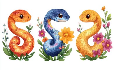 Obraz premium Cartoon snakes nestled in lush tropical foliage in a jungle setting