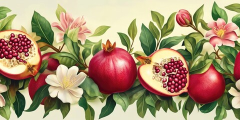 Row of pomegranates and flowers. The pomegranates are red and the flowers are white