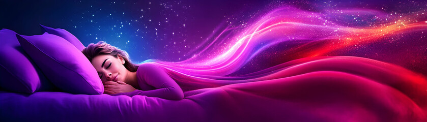 Fototapeta premium Dreamy Sleep with Pink and Purple Lights, dreaming, sleeping, woman, female, girl