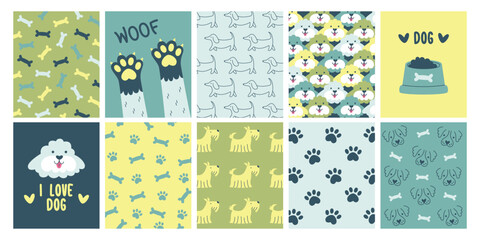 Cute dog backgrounds template set with funny animals, muzzles, paw prints and food doodle design