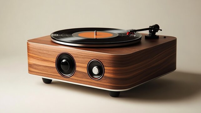 Showcasing a sleek vinyl record player on a clean white surface, this image highlights the retro charm and simplicity of music with even lighting and minimalist design.

