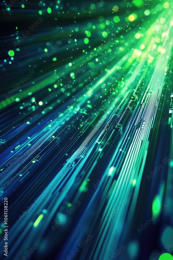 Poster high-tech digital circuit board with data transfer lines and colorful sparks of electricity.