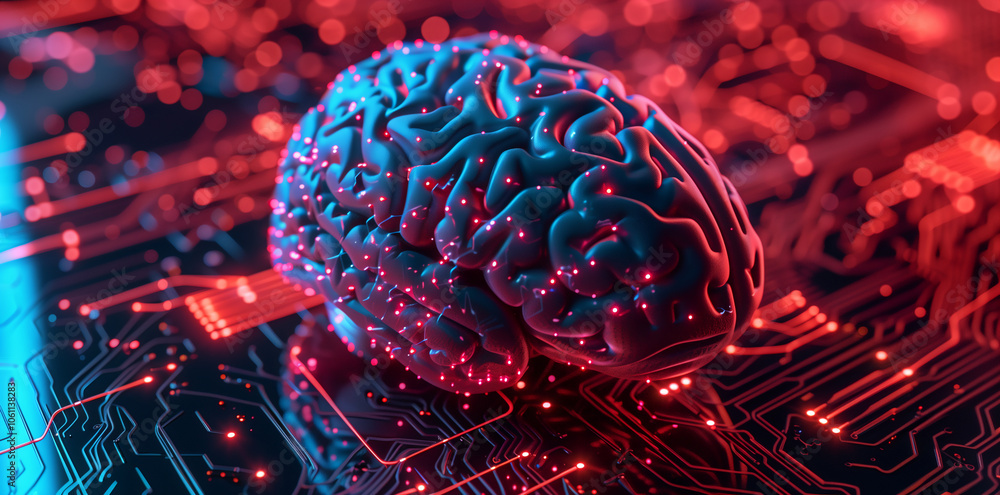 Poster A 3D model of a brain rests on a circuit board, representing the connection between human intelligence and technology