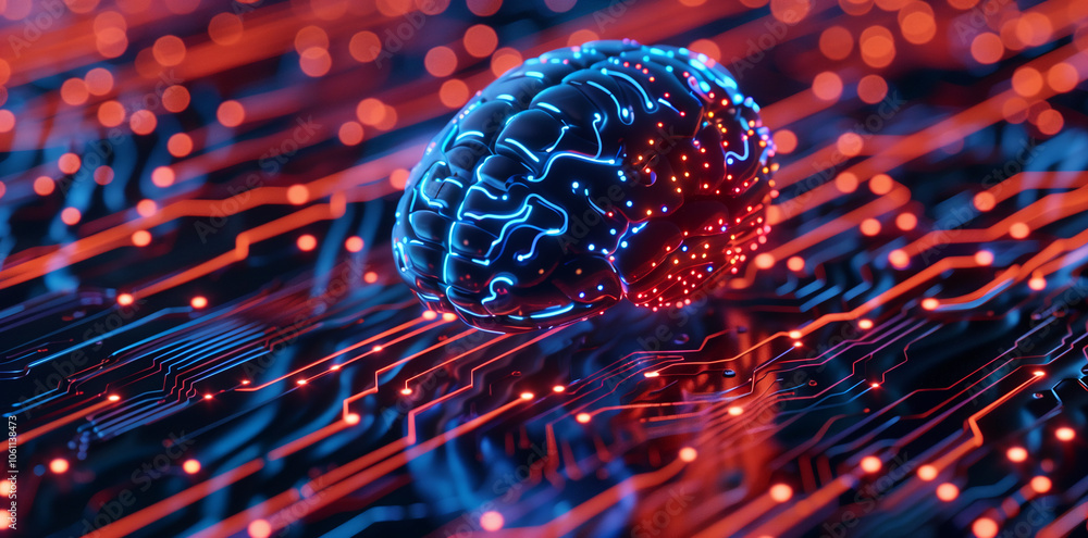 Aufkleber a digital brain sits atop a circuit board, glowing blue and red, representing the power of artificia