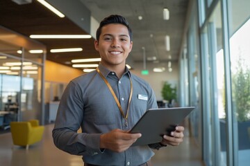 Young man in office holding tablet, smiling and looking at camera.