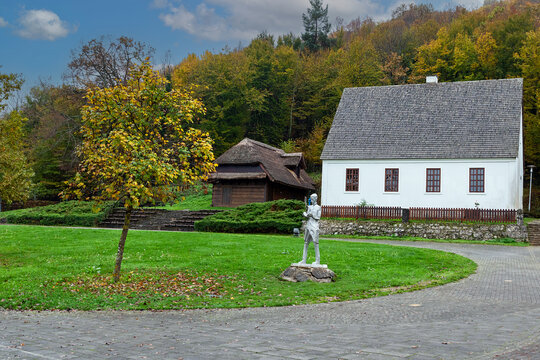 Statue of famous scientist Nikola Tesla in front of memorial centre house in city of Gospic in Croatia.