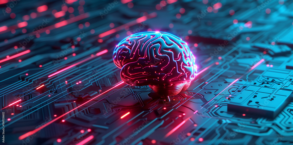 Poster A glowing brain sits on a circuit board, representing the power of artificial intelligence