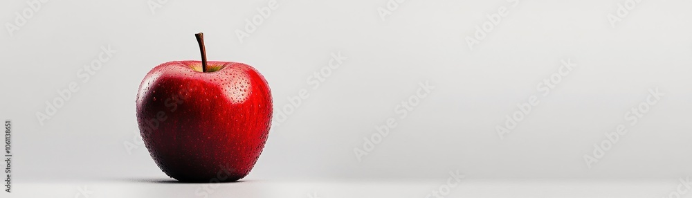 Poster a single red apple with water droplets on a white background