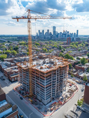 Naklejka premium Aerial view of multifamily housing construction site with cranes lifting materials, surrounded by city skyline. scene captures urban development and progress