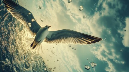Free-flying seagull against sky backdrop.