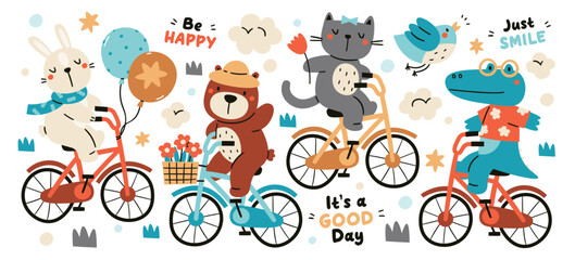 Cute animals funny characters riding bicycle eco-friendly transport and inspiration phrase