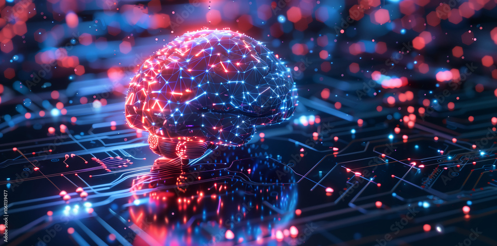 Poster a digital brain sits on a circuit board, glowing with red and blue lights