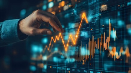 monitoring trending information on the screen, data analyst hand on monitor useful blur background for  data sites banners and pages