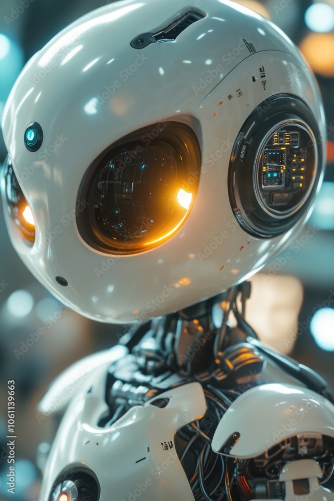Poster high-tech robot head with glowing eyes and intricate mechanical features.