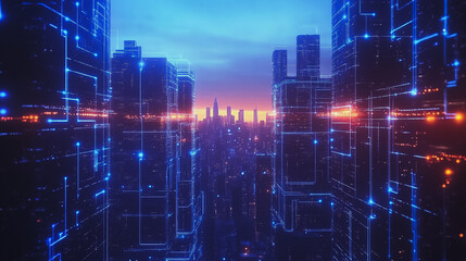 Obraz premium Smart digital city with connection cyber security network reciprocity over the cityscape . future smart wireless digital city and social media networking systems that connects people within the city