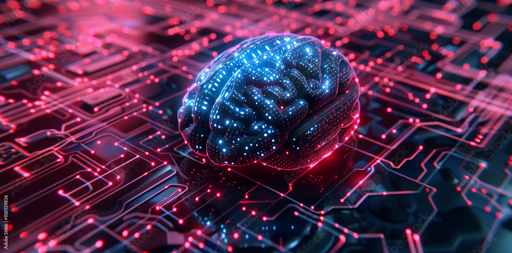 Poster A digital brain sits on a circuit board, representing the intersection of technology and intelligence