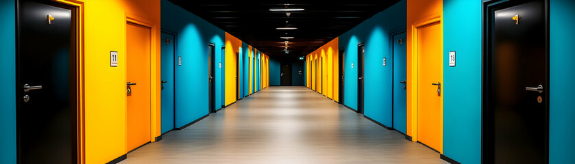 Colorful Doors in a Corridor, hallway, blue doors, yellow doors, black doors, door handles
